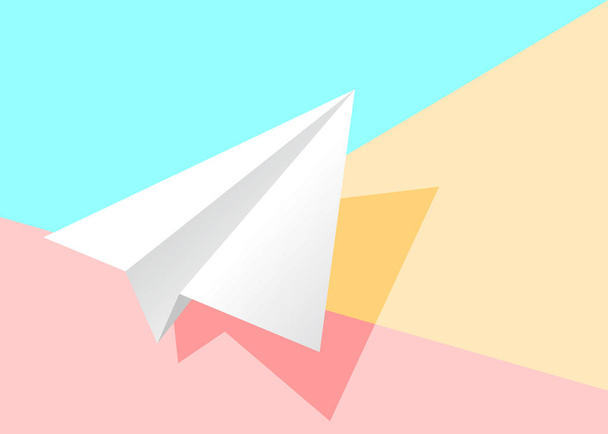 white paper plane icon with shadow on pink and yellow pastel colored background. fashion flat lay concept - Вектор, зображення