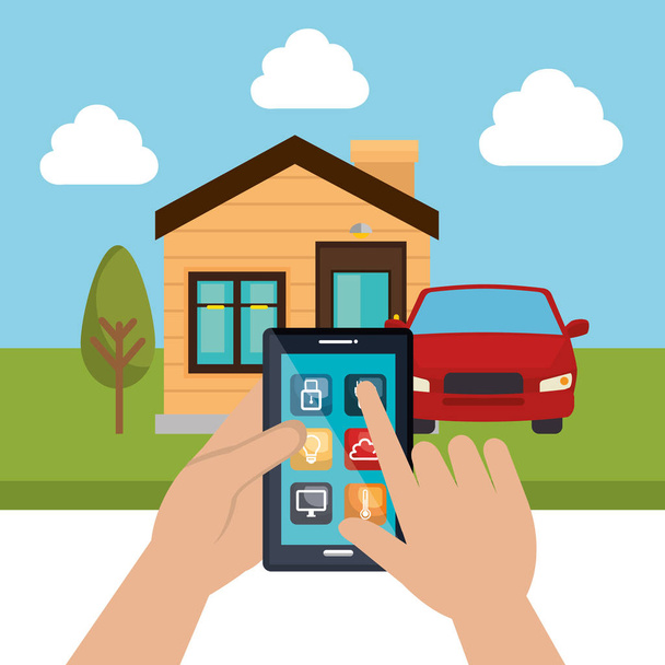 smartphone controlando casa inteligente
 - Vetor, Imagem