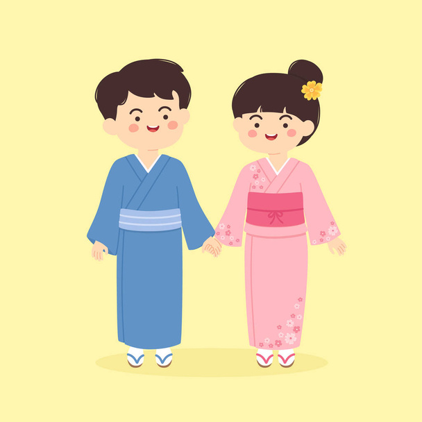 Japans Japan Kimono traditionele kleding kostuum paar Cute Cartoon vectorillustratie - Vector, afbeelding
