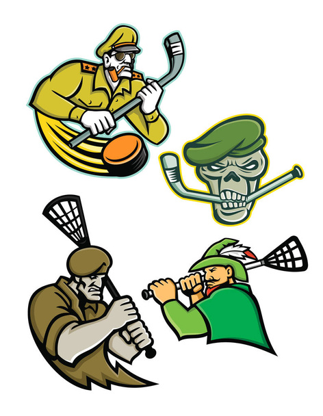 Maskotka ikona ilustracja komplet lacrosse i ice hockey maskotki wojskowych i Wojownik Łucznik czaszki, zielony armii ogólne, green beret i komandosów sił specjalnych na na białym tle w stylu retro. - Wektor, obraz