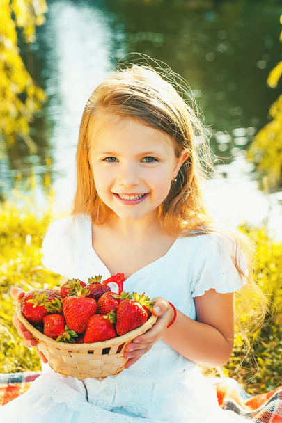 Dzieci, truskawki, lato, miłość, słoneczny dzień - Zdjęcie, obraz