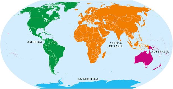 Mapa mundial de los cuatro continentes. America, Africa-Eurasia, Australia and Antarctica. Mapa político con costas y fronteras. Proyección Robinson. Etiquetado en inglés. Aislado sobre fondo blanco. Vector
. - Vector, Imagen