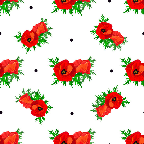 Red poppies,green leaves,black dots on a white background. Floral seamless pattern with big bright flowers.Summer vector illustration for print textile,fabric,wrapping paper. - Vecteur, image