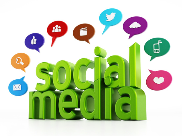 Social media concept with green text and media speech balloons. 3D illustration. - Фото, изображение