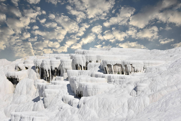 white travertine formations and tourist area - Photo, Image