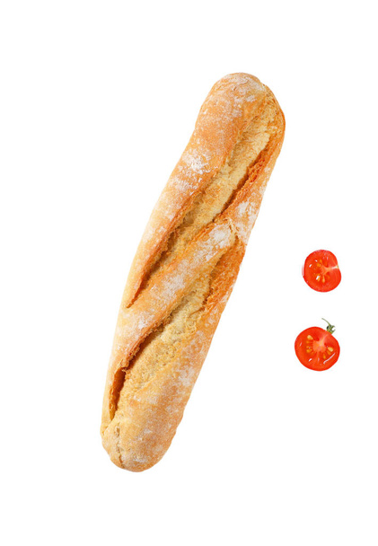 rövid francia baguette, rozmaring és cseresznye paradicsom, fehér háttér - Fotó, kép