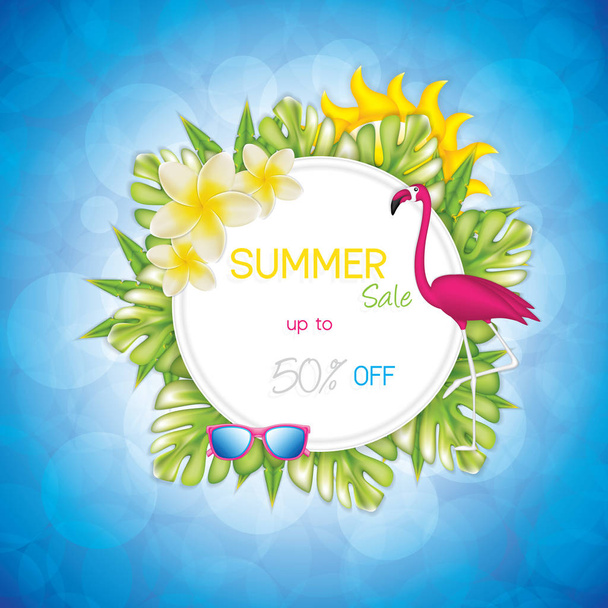 Летний фон с солнцезащитными очками, фламинго, солнцем, тропическими растениями и цветами, реалистичная векторная иллюстрация
 - Вектор,изображение