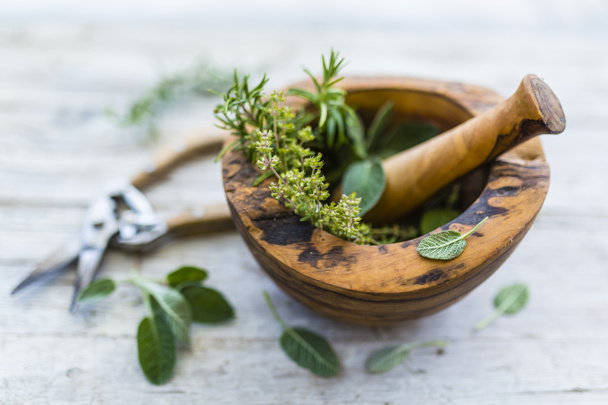 Fresh and aromatic herbs in a wooden mortar. - Photo, Image