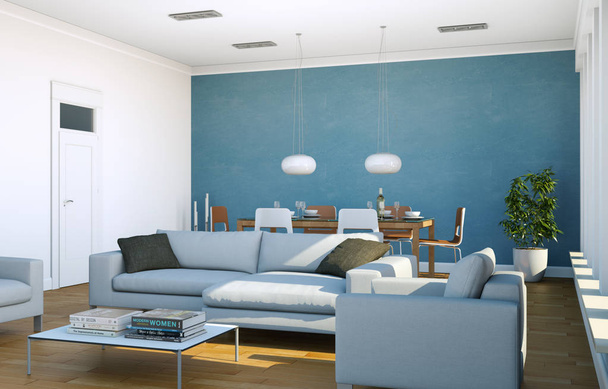 Design intérieur moderne et lumineux avec canapés et table à manger
 - Photo, image