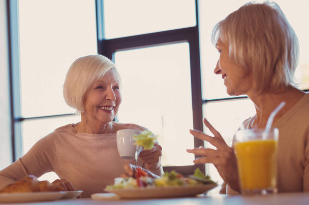 Upbeat senior women gossiping during lunch in cafe - Foto, imagen