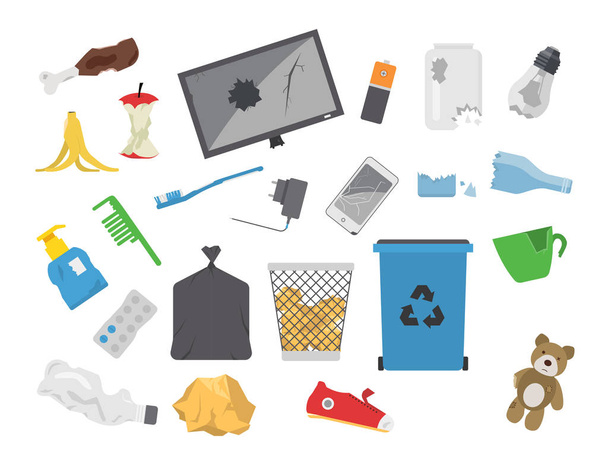 Recykling śmieci wektor kosza torby opony zarządzania ekologia przemysłu śmieci wykorzystać koncepcja ilustracja do sortowania odpadów. - Wektor, obraz