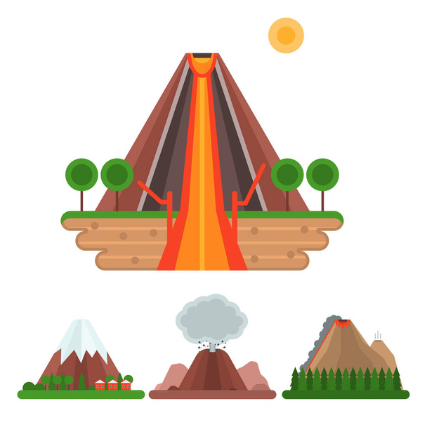Vulkaan magma vector natuur opblazen met rook krater vulkanische berg warme natuurlijke uitbarsting aardbeving illustratie. - Vector, afbeelding