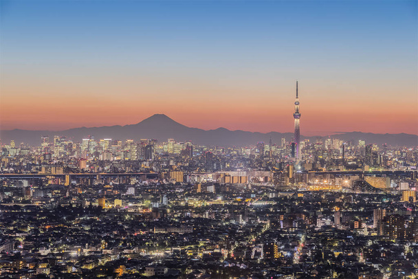 Vista nocturna de Tokio, punto de referencia de Tokyo Skytree con la zona del edificio del centro de Tokio y la montaña Fuji en temporada de invierno
 - Foto, imagen