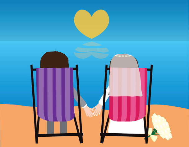 Menyasszony a vőlegény ül a strand székek, néztem a tenger - Vektor, kép