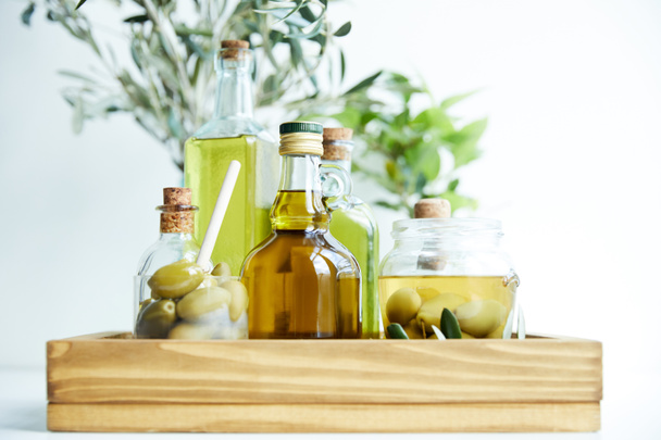 glass with spoon and green olives, jar, various bottles of aromatic olive oil with and branches on wooden tray - Foto, afbeelding