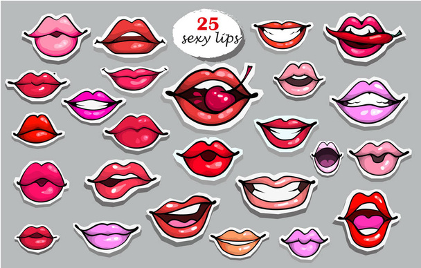 25 Red lips sticker collection. Illustration isolated on grey background. Patches set. Banner.Fashion patch badges elements. Set of stickers, pins, patches in cartoon 80s-90s comics retro style. - Вектор, зображення