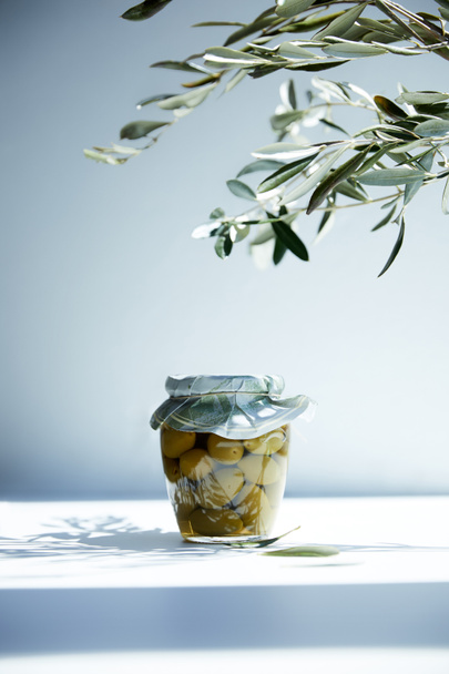 frasco de aceite aromático con aceitunas verdes y ramas sobre mesa blanca
 - Foto, Imagen