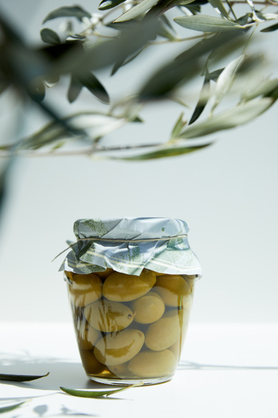 jarra de óleo aromático com azeitonas verdes e ramos na mesa branca
 - Foto, Imagem
