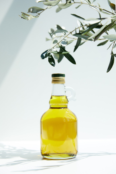 vue rapprochée de bouteille d'huile d'olive aromatique et branches sur table blanche
 - Photo, image