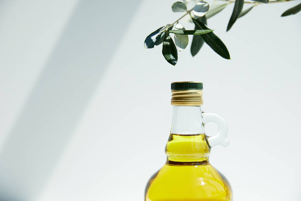bouteille d'huile d'olive aromatique et branche sur fond blanc
 - Photo, image