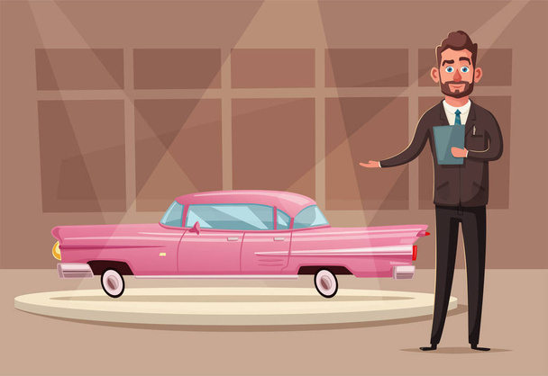 Πώληση ενός νέου αυτοκινήτου. Ο πωλητής στο showroom αυτοκινήτου δείχνει το όχημα. Καρτούν εικονογράφηση φορέα - Διάνυσμα, εικόνα