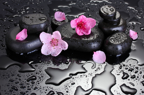 Spa stones with drops and pink sakura flowers on grey background - Foto, afbeelding