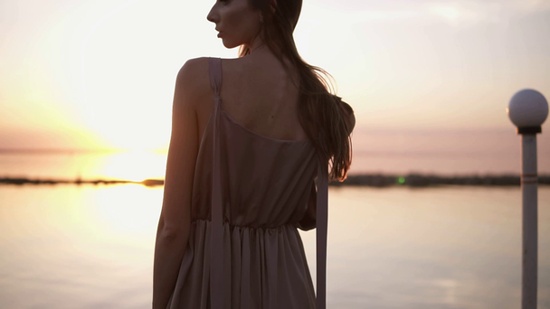 Backview di una bella ragazza dai capelli lunghi in posa in abito in piedi su un molo durante il bel tramonto o alba
 - Filmati, video