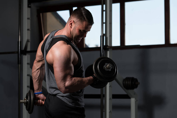 Athlete Working Out Biceps In A Gym - Dumbbell Concentration Curls - Photo, Image