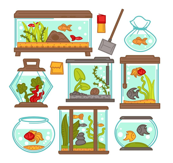 Aquariums of fish tank with tropical fishes and plants. Vector tanks with filtration system, heater, scoop net and thermometer and maintenance equipment or fish feed - ベクター画像
