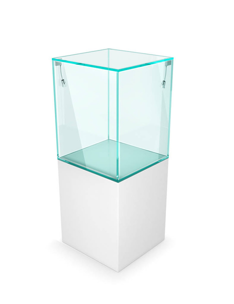 Glass cube on pedestal. 3d illustration on white background - Foto, Imagen