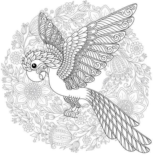Exotic bird,fantastic flowers,branches, leaves. Contour thin line drawing. Vector fantasy stylized cockatoo jungle parrot silhouette.T-shirt print. Coloring book page for adults and children. Black White - Vetor, Imagem