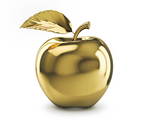 Złote Jabłko na białym tle. renderowania 3D ze ścieżką przycinającą - Zdjęcie, obraz