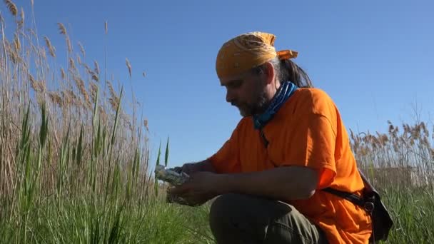Man traveler is a sandwich in nature. With a beard in a bandana. River bank with dry reeds, summer scenery - Footage, Video