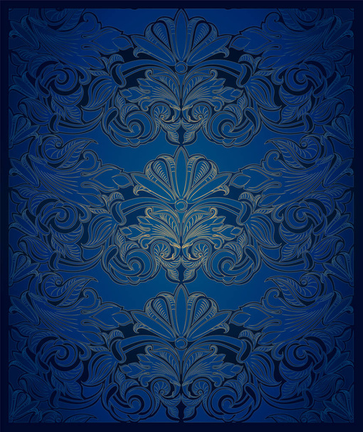 Vintage dikey arka plan koyu mavi Lacivert bir barok tarzı klasik desen, karanlık kenarları ile rokoko tarzı ile altın - Vektör, Görsel