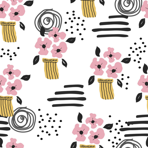 Seamless pattern with cute flowers and decorative elements in scandinavian design. For kids,nursery,wrapping or textile. Handdrawn style. - Вектор,изображение
