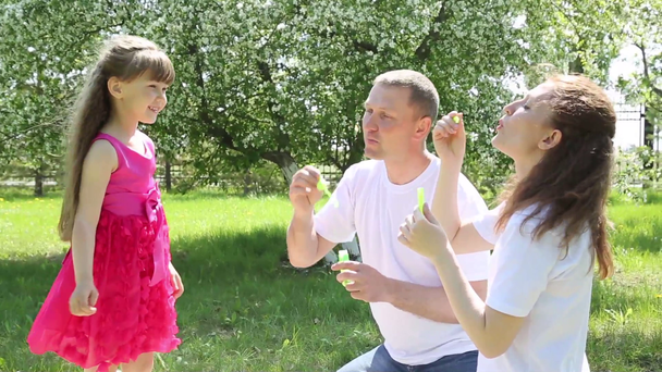 Ouders laten de zeepbellen op hun dochter in de zomer in het park. Meisje speelt met zeepbellen. - Video