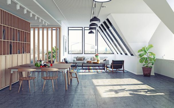 moderno loft soffitta appartamento concetto di design. Illustrazione rendering 3d
 - Foto, immagini