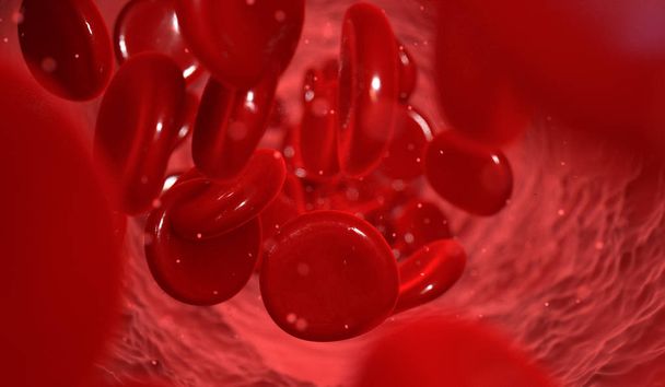 A macro closeup of a blood vein with red blood cells flowing through it - 3D render - Photo, Image