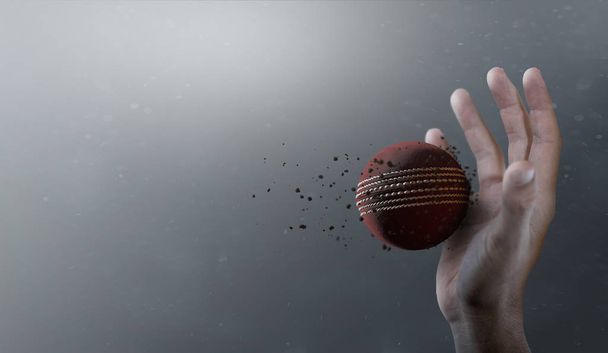 крупним планом червоний крикетний м'яч спійманий у повільному русі, що пролітає крізь повітря, щоб бути спійманий брудною рукою 3D рендерингу
 - Фото, зображення