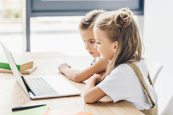little schoolgirls using laptop for studying isolated on white - Foto, Imagem