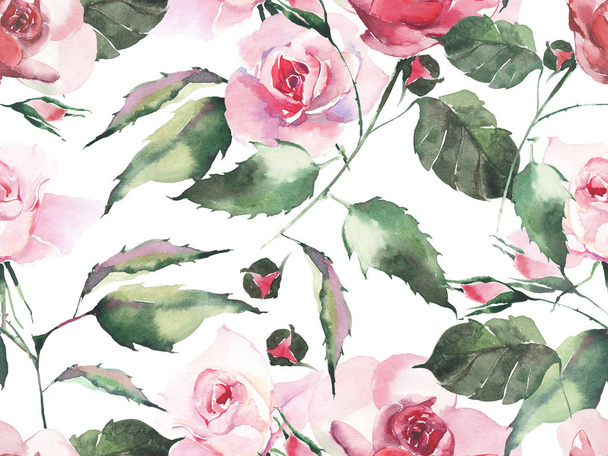 Tender gentle sophisticated wonderful lovely cute spring floral herbal botanical red powdery pink violet roses with green leaves pattern watercolor hand sketch. Perfect for textile - Foto, imagen