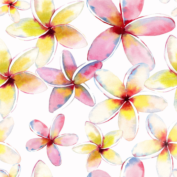 Bright beautiful green floral herbal tropical lovely hawaii cute multicolor summer pattern of a tropical red pink white yellow flowers with green palm leaves watercolor hand sketch Perfect for textile - Photo, Image