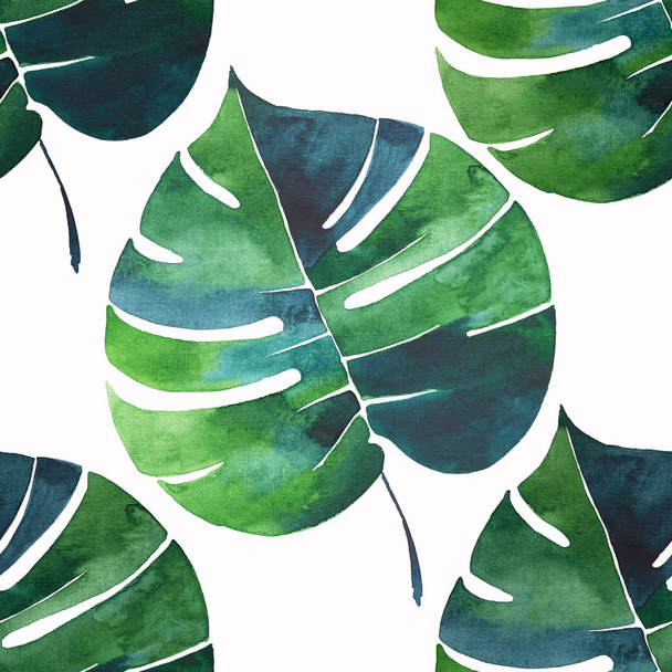 Bright beautiful green herbal tropical wonderful hawaii floral summer pattern of a tropic palm and monstera leaves watercolor hand illustration. Perfect for textile, wallpapers, backgrounds - Valokuva, kuva