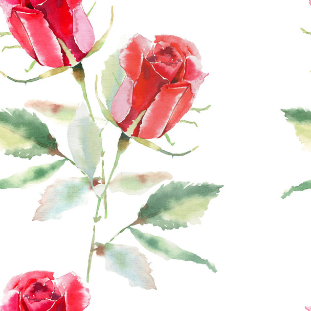 Beautiful bright sophisticated wonderful lovely spring summer floral herbal botanical bright red rustic roses with green leaves pattern watercolor hand sketch. Perfect for cards, textile - Фото, изображение