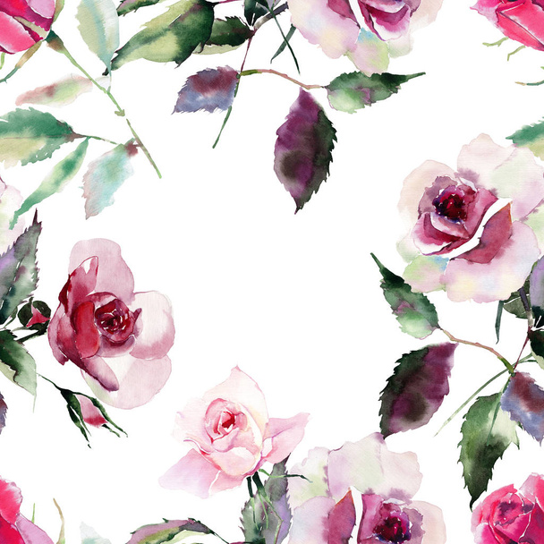 Tender gentle sophisticated wonderful lovely cute spring floral herbal botanical red powdery pink violet roses with green leaves pattern watercolor hand sketch. Perfect for textile - Foto, Imagem