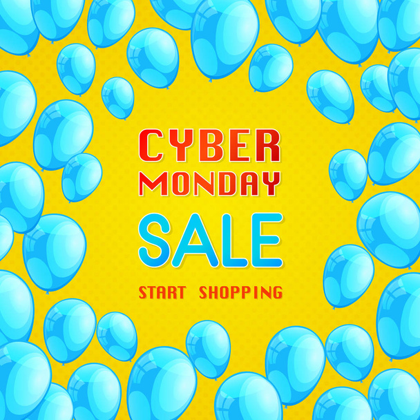 Cyber Monday - banner with shiny blue balloons. Vector. - ベクター画像