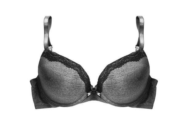 Dark grey push up brassiere with black lace isolated over white - Фото, зображення