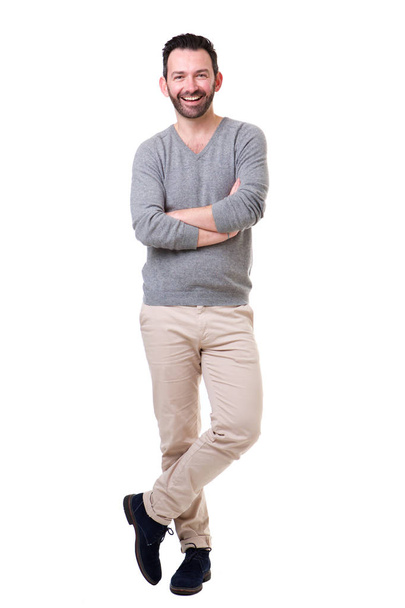 Portrait of happy man with beard posing against isolated white background - Photo, Image