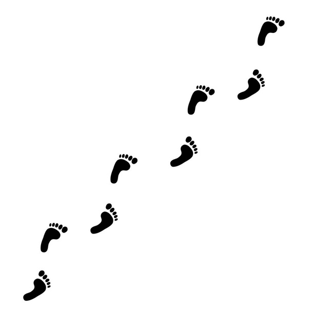 人類の足跡パス白い背景で隔離の黒いシルエットは。足は斜めの道を印刷します。ベクトル図、クリップアート. - ベクター画像
