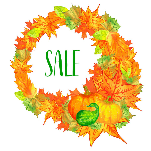 sale background with autumn leaves and pumpkins harves - Фото, изображение